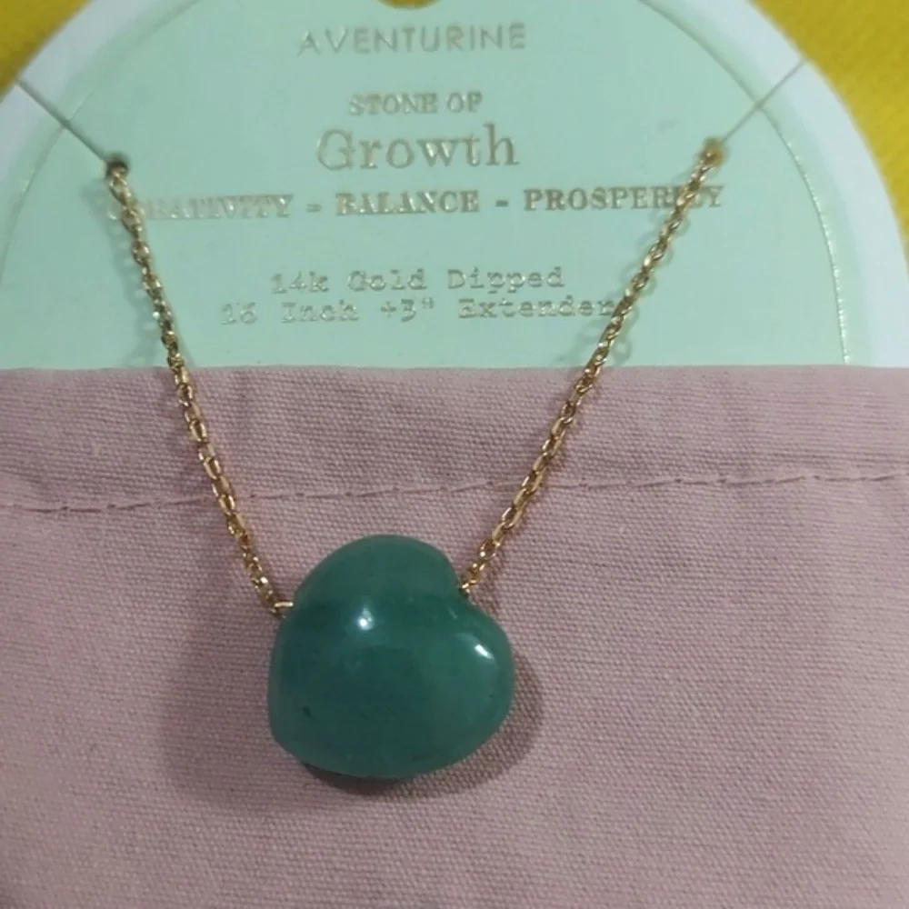 Green Aventurine Puffed Heart Stone 14K Gold Dip Pendant Chain Necklace New